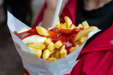 Belçika usulü kızarmış patates cipsi, ketçap ve mayonez yemek, fast food, sağlıksız yiyecekler.