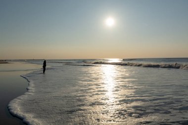 Scheveningen 'deki Kuzey Denizi plajında güneşli bir gün, turist ve tatil beldesi