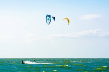Su sporları etkinliği, renkli uçurtma sörfçüleri Kuzey Denizi 'nde Renesse, Zeeland, Hollanda yakınlarında yarışıyor.