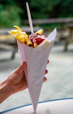 Belçika usulü kızarmış patates cipsi, ketçap ve mayonez yemek, fast food, sağlıksız yiyecekler.