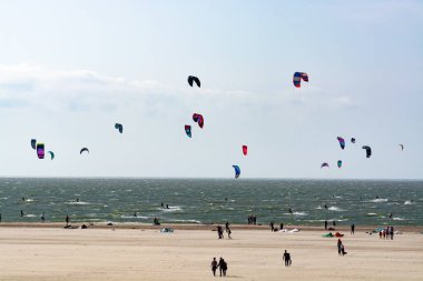 Su sporları etkinliği, renkli uçurtma sörfçüleri Kuzey Denizi 'nde Renesse, Zeeland, Hollanda yakınlarında yarışıyor.