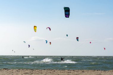 Su sporları etkinliği, renkli uçurtma sörfçüleri Kuzey Denizi 'nde Renesse, Zeeland, Hollanda yakınlarında yarışıyor.