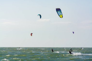 Su sporları etkinliği, renkli uçurtma sörfçüleri Kuzey Denizi 'nde Renesse, Zeeland, Hollanda yakınlarında yarışıyor.