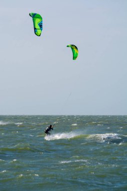 Su sporları etkinliği, renkli uçurtma sörfçüleri Kuzey Denizi 'nde Renesse, Zeeland, Hollanda yakınlarında yarışıyor.