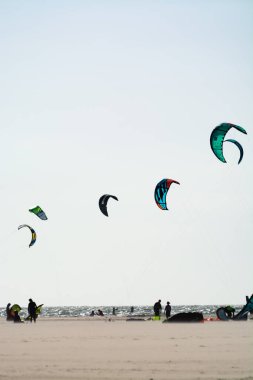 Su sporları etkinliği, renkli uçurtma sörfçüleri Kuzey Denizi 'nde Renesse, Zeeland, Hollanda yakınlarında yarışıyor.