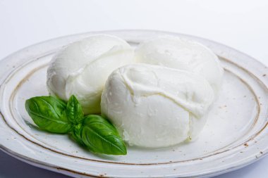 İtalyan yumuşak peyniri mozzarella, inek ya da bufalo sütünden yapılmış beyaz peynir taze yeşil fesleğenle kaplayın.