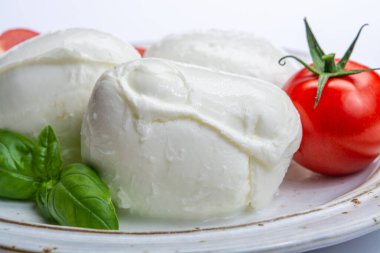 İtalyan yumuşak peyniri mozzarella, inek veya bufalo sütünden yapılmış beyaz peynir taze yeşil fesleğen otu ve kırmızı domates.