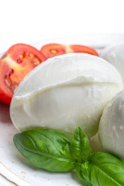 Italian soft cheese mozzarella, white cheese made from cow or buffalo milk with fresh green basil herb and red tomato close up