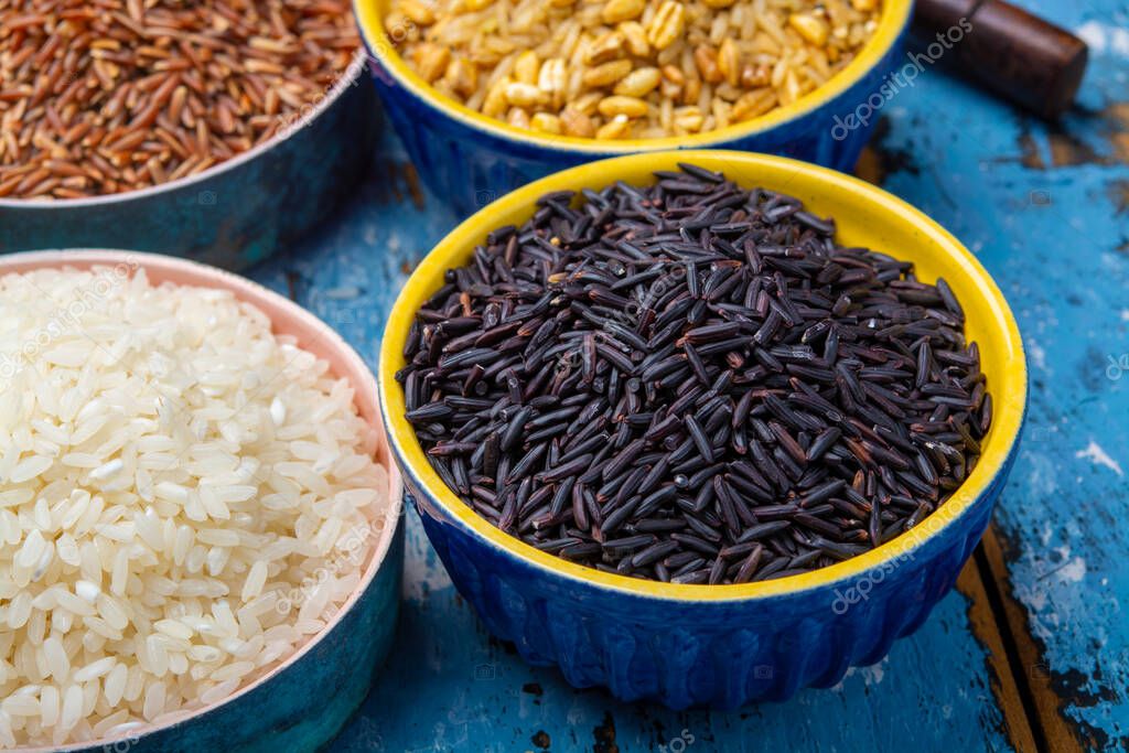 Diferentes tipos de arroz, basmati blanco, jazmín, arborio, marrón y