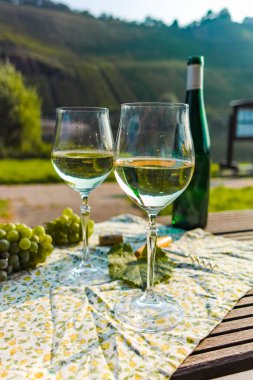 Almanya 'nın Mosel nehri vadisinde tepelerde büyüyen beyaz üzümlerden üretilen ünlü Alman kaliteli beyaz şarap şişesi Mosel Vadisi' nin dışında servis ediliyor.