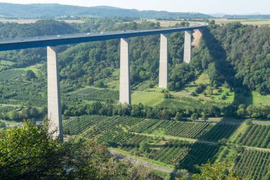 Mosel Nehri vadisi boyunca uzanan yüksek otoban viyadük köprüsünün panoramik manzarası ve teraslı üzüm bağları, karayolu ağı ve ulaşım Almanya 'dır.