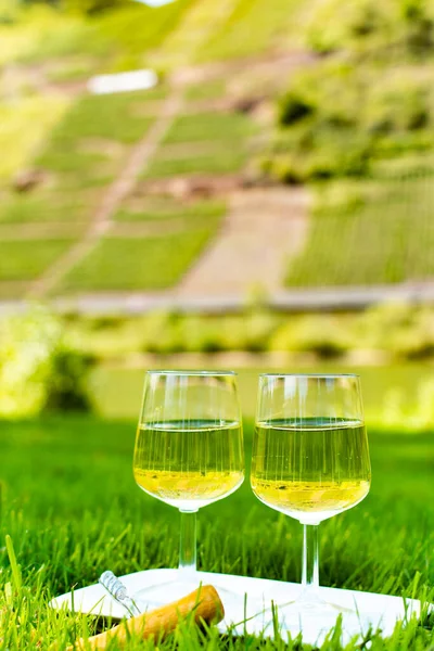 Tasting of famous German quality white wine riesling, produced in Mosel wine regio from white grapes growing on terraced vineyards in Mosel river valley in Germany