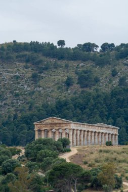 Eski Yunan Doric tapınağı Segesta, Sicilya, İtalya 'nın manzarası