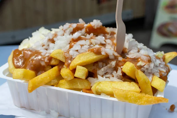 Geleneksel Hollanda fast food yemeği, soslu kızarmış patates, soğan ve mayonez, şişman ve sağlıklı olmayan sokak yemekleri.