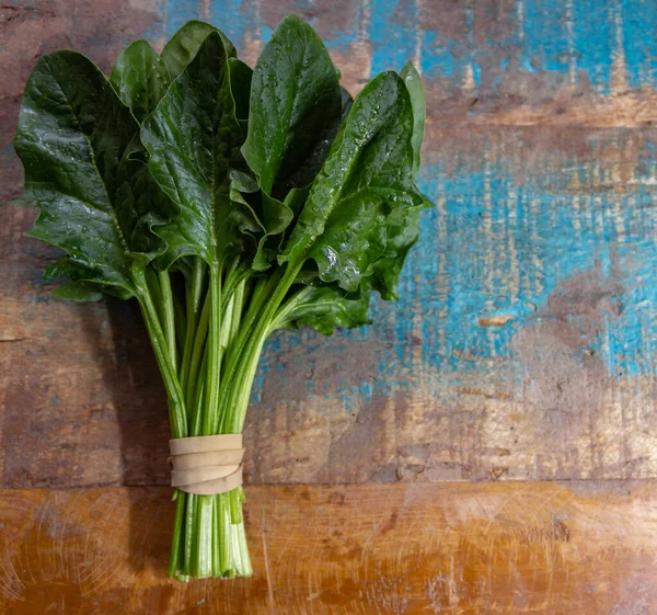 Bunch Green Fresh Organic Spinach Leaves Close Copy Space Vista — Fotografia de Stock