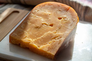 Peynir koleksiyonu, üç yıllık koyu sarı Hollanda peyniri güneş ışığında