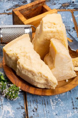 Peynir koleksiyonu, sert İtalyan peyniri, eski parmesan ve grana padano peyniri. Yakın çekim.