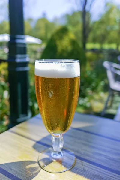 Cold Belgian white beer in glass served outside in sunny day