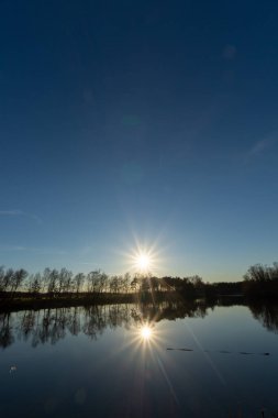 Ayna ormanı gölü kışın güneşli bir günde yansıyor Kuzey Brabant, Hollanda 'da Kempen bölgesi