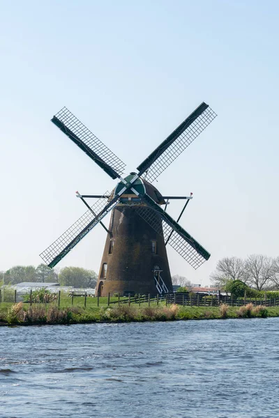 Traditional Dutch Wind Mill Built Canal North Holland Spring Landscape — Stock Photo, Image