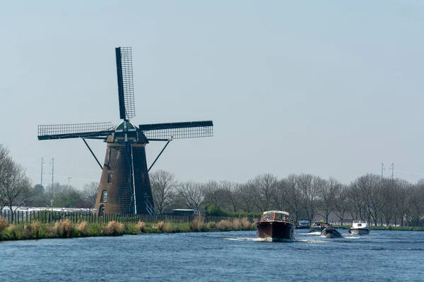 Waterways Canals North Holland Boats View Traditional Dutch Mill Spring — Stock Photo, Image