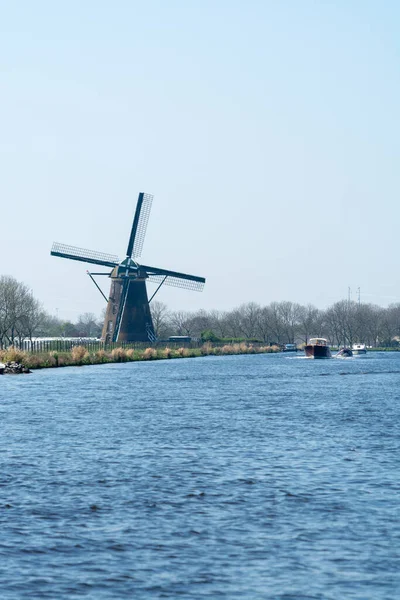 Waterways Canals North Holland Boats View Traditional Dutch Mill Spring — Stock Photo, Image