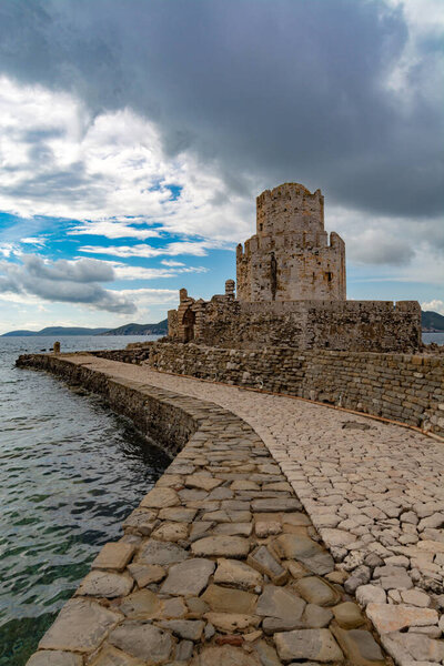 View on old venetian fortress in small greek town Methoni on Peloponnese