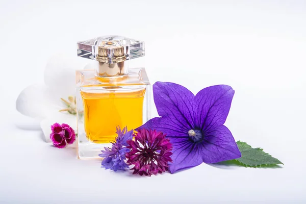 Parfüm Özünün Yaratımı Yaz Çiçekleri Tatlı Hafif Koku Parfüm Şişesi — Stok fotoğraf
