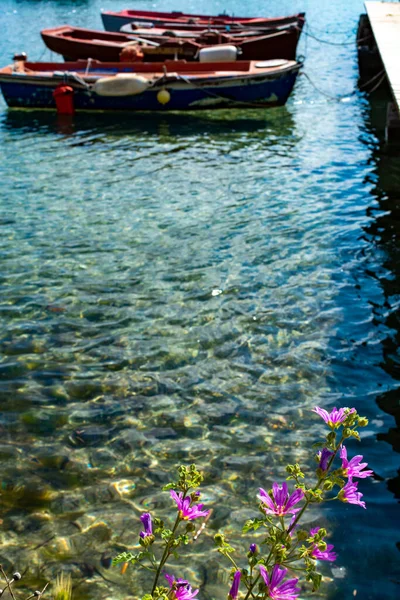 Морський Пейзаж Пірсом Тиха Морська Гавань Прозорою Водою Традиційними Грецькими — стокове фото