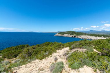 Yunanistan 'ın Mora kentinde küçük Yunan adaları ve Navarino koylarıyla manzara, yaz tatili beldesi, eko-turizm
