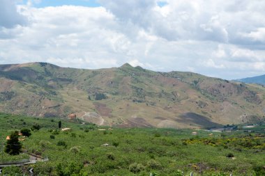 Bronte yakınlarındaki dağ sıraları ve vadiyle manzara, ilkbaharda İtalya 'nın güneyindeki Sicilya adasında şam fıstığı ağaçları fidanlıkları
