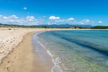 Peloponese 'nin kumlu plajları, Yunanistan' ın küçük Pylos kasabası yakınlarında beyaz kumlu Voidokilias plajı