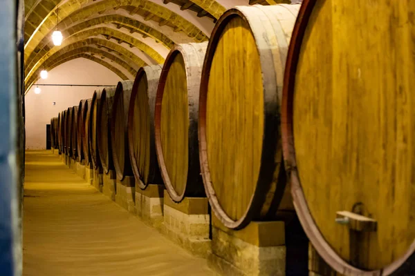 Vintage wine cellar with old oak barrels, production of fortified dry or sweet tasty marsala wine in Marsala, Sicily, Italy