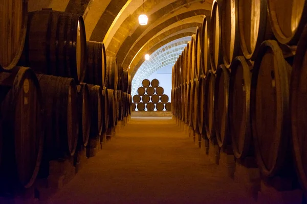 Adega Vintage Com Barricas Carvalho Velho Produção Vinho Marsala Saboroso — Fotografia de Stock