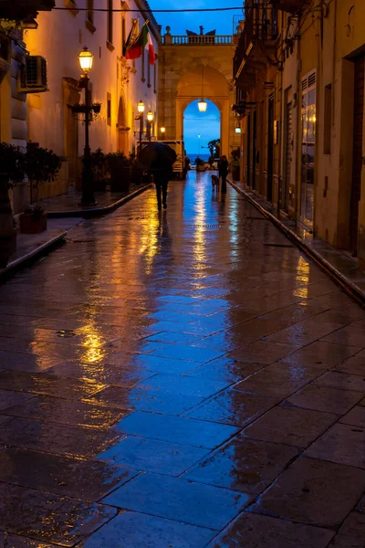Old street in Marsala at night in rain with reflection of street lights, Sicily, Italy