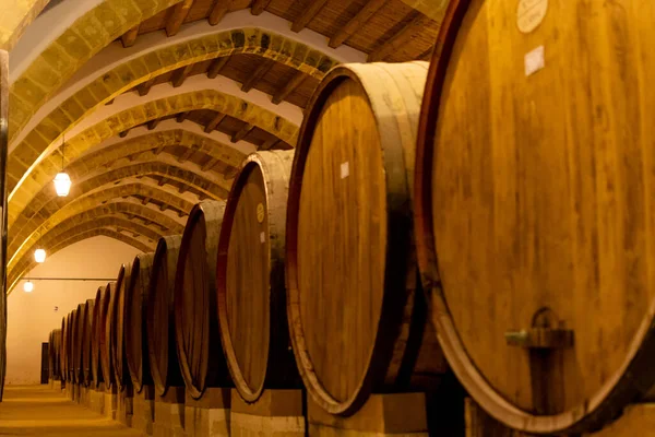 Vintage wine cellar with old oak barrels, production of fortified dry or sweet tasty marsala wine in Marsala, Sicily, Italy