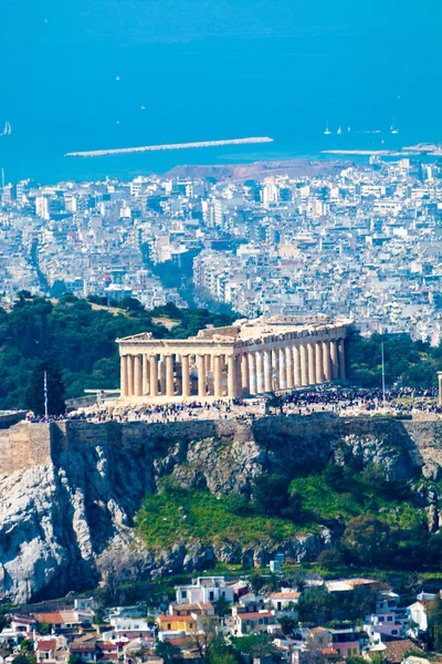 Athen Hauptstadt Griechenlands Frühling Blick Vom Hügel Stadtbild Mit Akropolis — Stockfoto