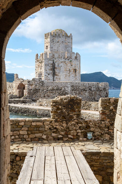 View on old venetian fortress in small greek town Methoni on Peloponnese