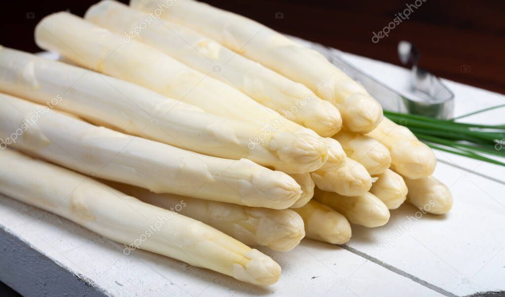 High quality white asparagus vegetable ready to cook close up