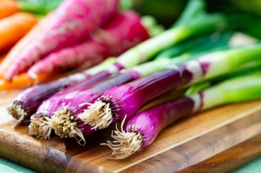 Bir demet taze mor soğan, kırmızı uzun turp ve havuç, yeni sağlıklı sebze hasadı yakın çekim