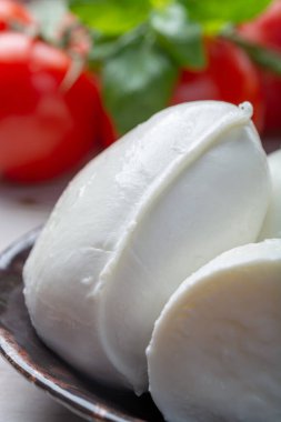İtalyan Akdeniz bufalosunun sütünden yapılan yumuşacık İtalyan mozzarellası topları ve parçaları.
