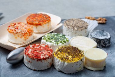 Fransız taze, yumuşak keçi peynirlerinin rengarenk çeşitleri farklı tat katar. Bitkiler, kırmızı biber, Hint körisi, bruscetta, soğan ve kurutulmuş domatesler. Kapatın.