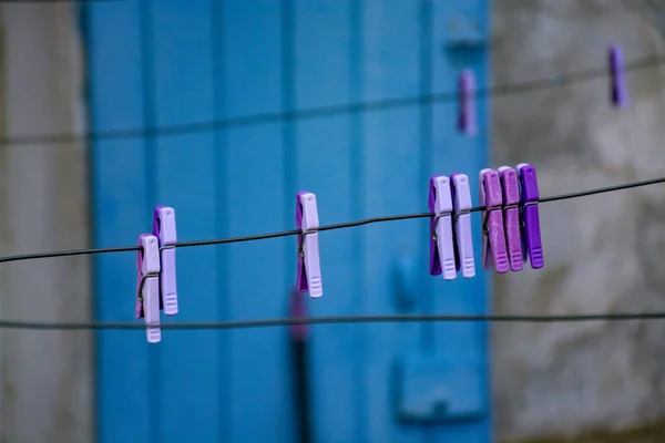 Clothespins Washing Rope Hanging Small Provencal Village Lavender Color Blue — Stock Photo, Image
