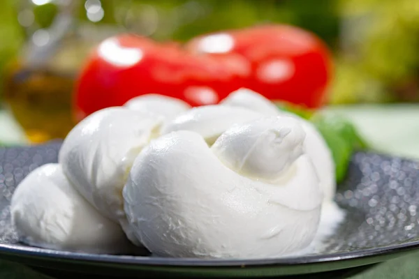 Vriden Till Flätad Treccia Mozzarella Italiensk Mjukost Serverad Med Färsk — Stockfoto