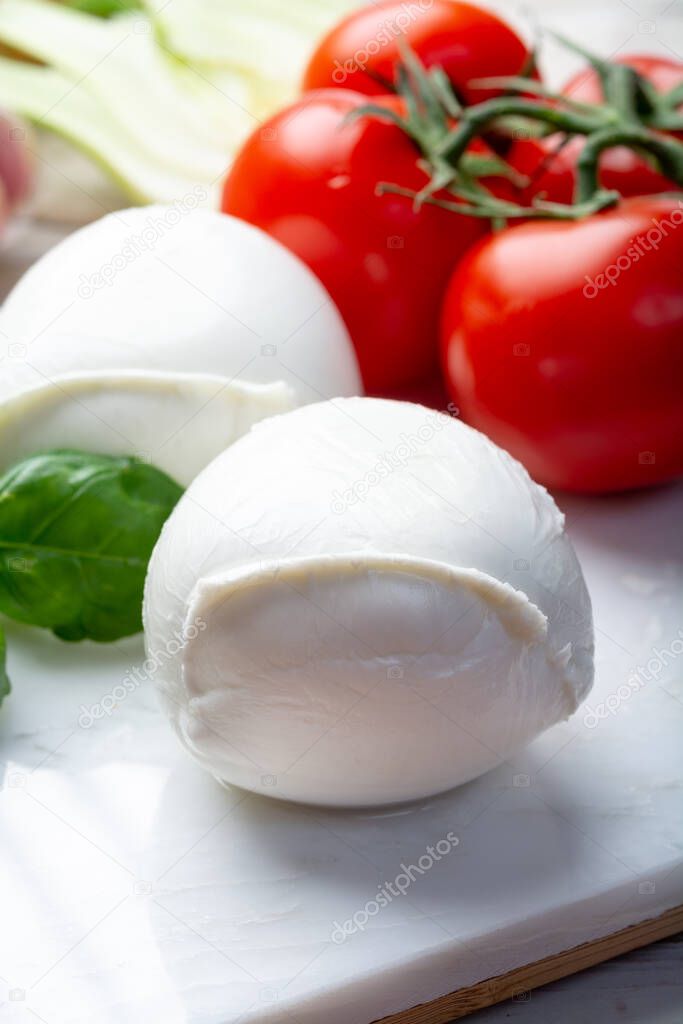 Balls of buffalo mozzarella, soft Italian scheese made from the milk of Italian Mediterranean buffalo close up