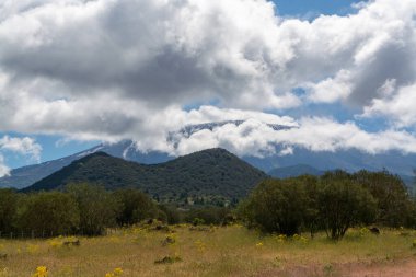 İlkbaharda İtalya 'nın Sicilya adasının doğu kıyısındaki Etna Dağı etkin stratovolcano manzarası