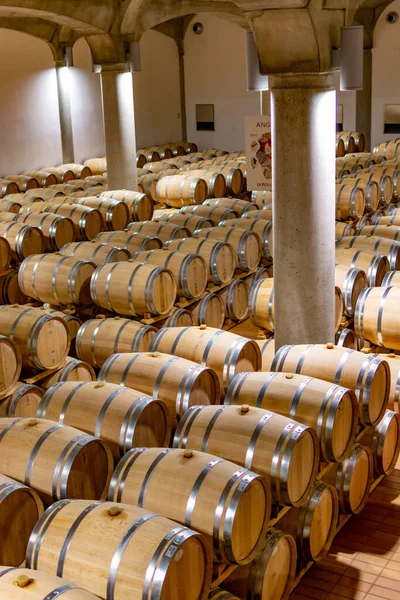 古いオーク樽で大きなダークワインセラー マルサラの赤ドライまたは甘いワインの生産 シチリア島 イタリア — ストック写真