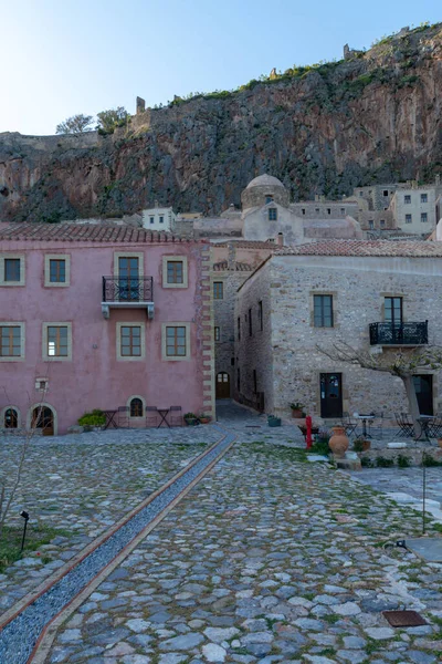 Romantique Village Grec Fortifié Sur Une Île Rocheuse Monemvasia Coucher — Photo