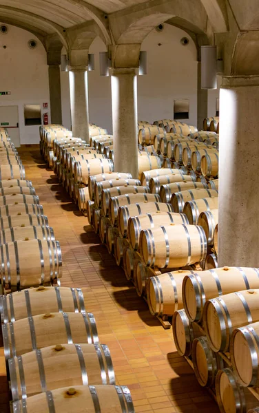 Grande Adega Escura Com Barricas Carvalho Velho Produção Vinho Tinto — Fotografia de Stock