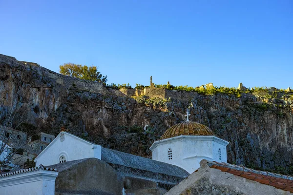 Romantique Village Grec Fortifié Sur Une Île Rocheuse Monemvasia Coucher — Photo